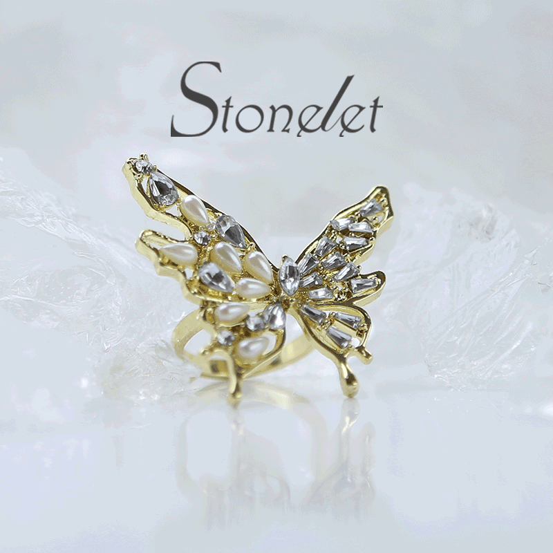 Stonelet Butterfly Pearl Zircon Ring Adjustable 3D Elegant Dainty Sparkling Princess Chic Date Party Gift Accessory