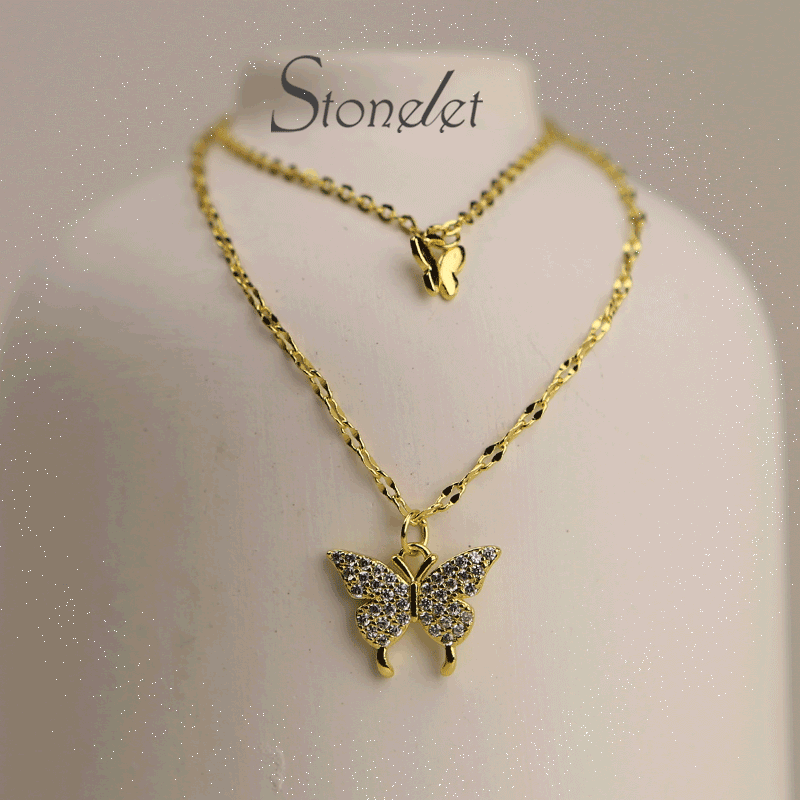 Stonelet Titanium Steel Double Layer Butterfly Necklace Durable Elegant Chic Unique Lightweight Summer Collarbone Gift Accessory