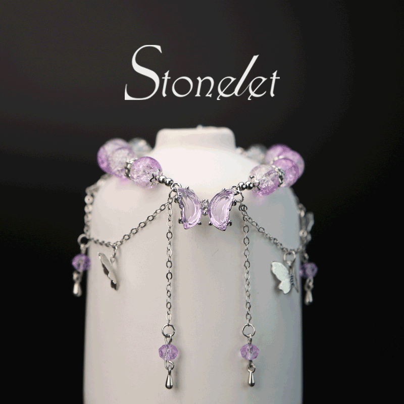Stonelet 2025 Vintage Butterfly Tassel Bracelet Elegant Design for Students Frosted Glass Beads Calming Energy Stone Chic Gift for Best Friends-6026