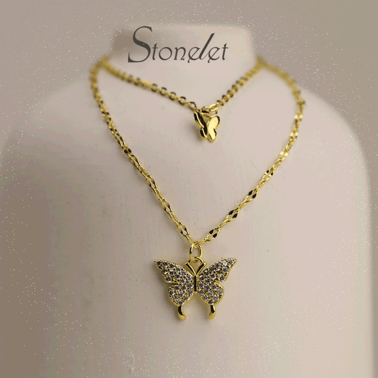 Stonelet Titanium Steel Double Layer Butterfly Necklace Durable Elegant Chic Unique Lightweight Summer Collarbone Gift Accessory