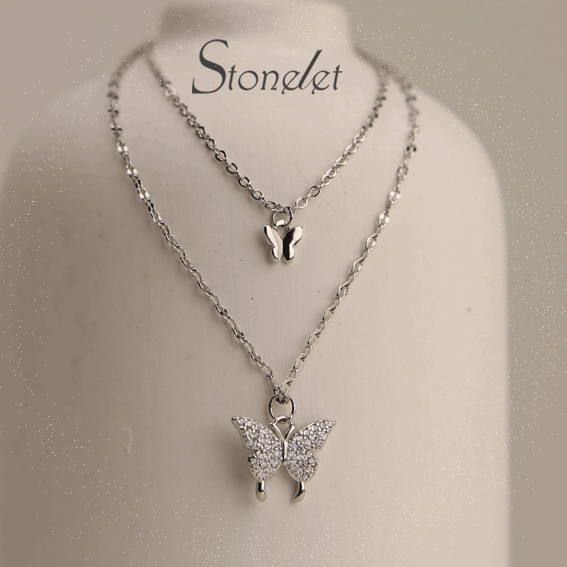 Stonelet Silver Double Layer Butterfly Necklace Elegant Chic Unique Dainty Fashionable Collarbone Gift Accessory