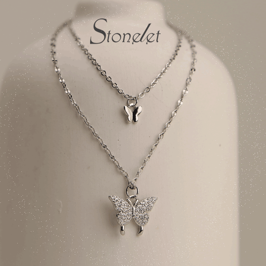 Stonelet Silver Double Layer Butterfly Necklace Elegant Chic Unique Dainty Fashionable Collarbone Gift Accessory