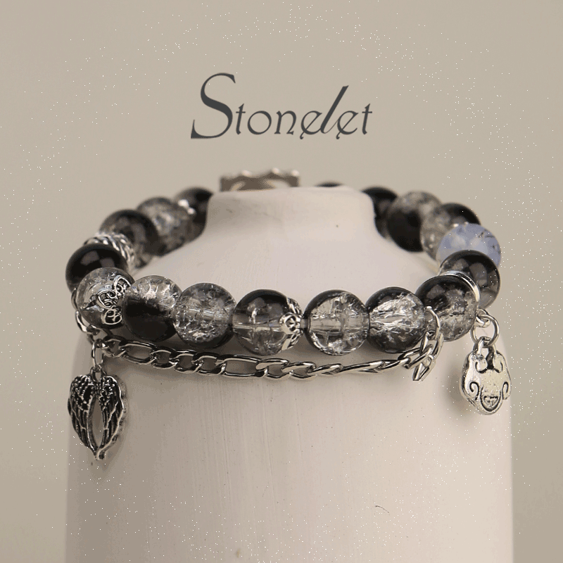 Stonelet Black and White Crackled Crystal Bracelet Glossy Glass Beads Edgy Minimalist Design Statement Hip-Hop Style Jewelry-6012