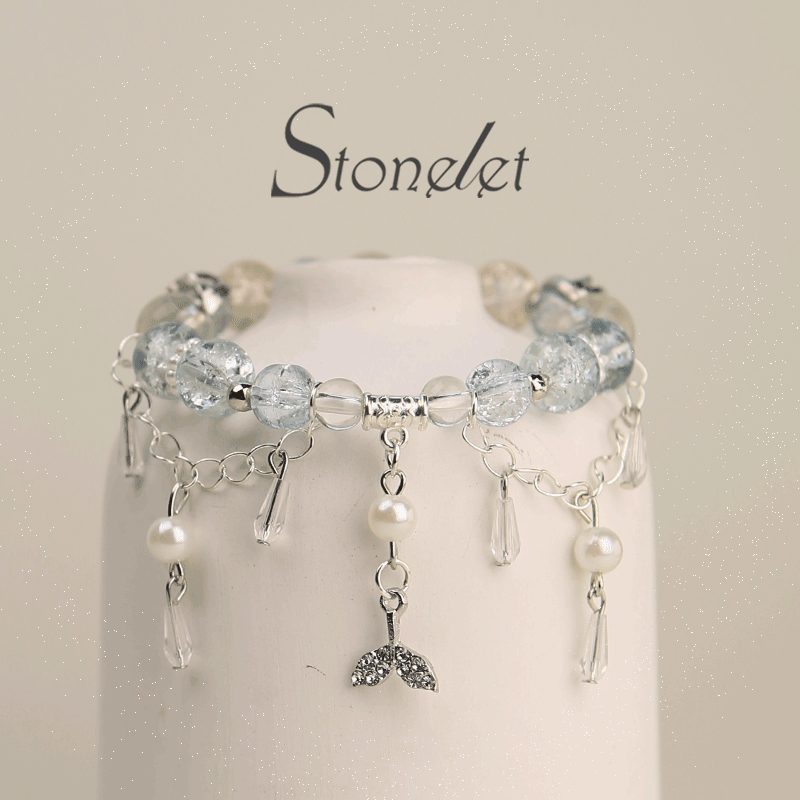 Stonelet Aquamarine Cat’s Eye Glass Bead Bracelet Blue Crystal-Inspired Finish Women’s Calming Jewelry Unique Handmade Everyday Style-6023