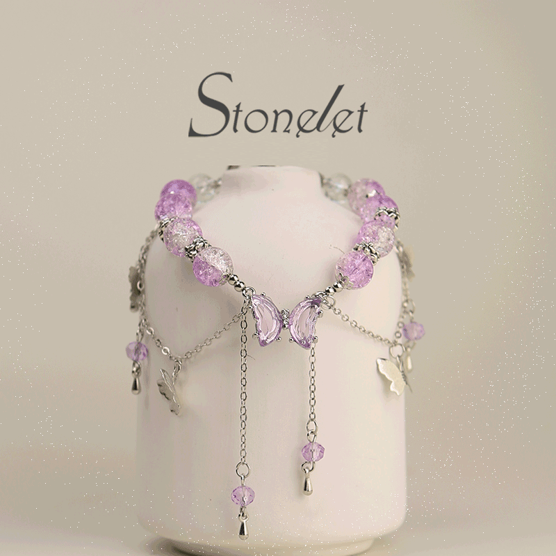 Stonelet 2025 Vintage Butterfly Tassel Bracelet Elegant Design for Students Frosted Glass Beads Calming Energy Stone Chic Gift for Best Friends-6026