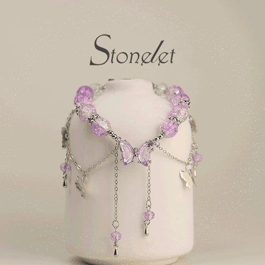 Stonelet 2025 Vintage Butterfly Tassel Bracelet Elegant Design for Students Frosted Glass Beads Calming Energy Stone Chic Gift for Best Friends-6026