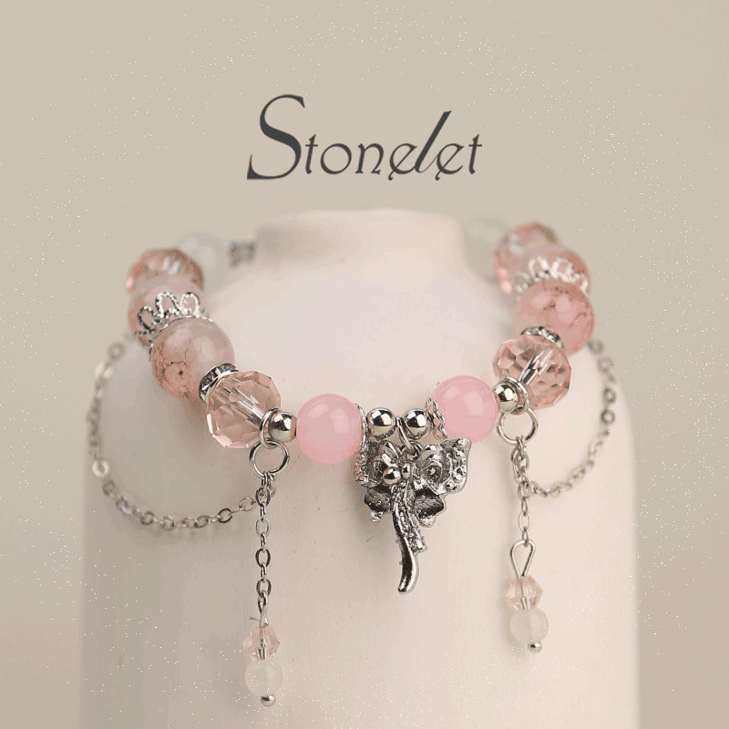 Stonelet Frosted Berry Glow Gilded Glass Bracelet Pink Crystal-Inspired Long Chain Design Clear Glass Accent Unique Delicate Aesthetic-6027