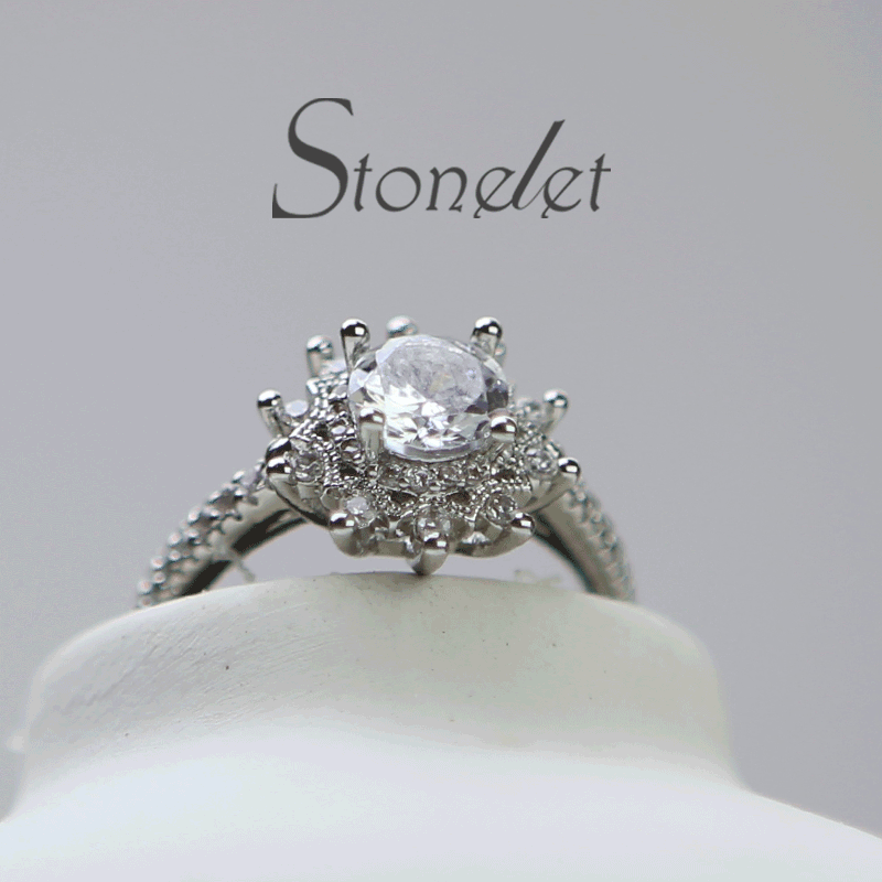 Stonelet Floral Simulated Diamond Ring 0.8ct Adjustable Fairytale Sparkling Romantic Elegant Wedding Ceremony Prop