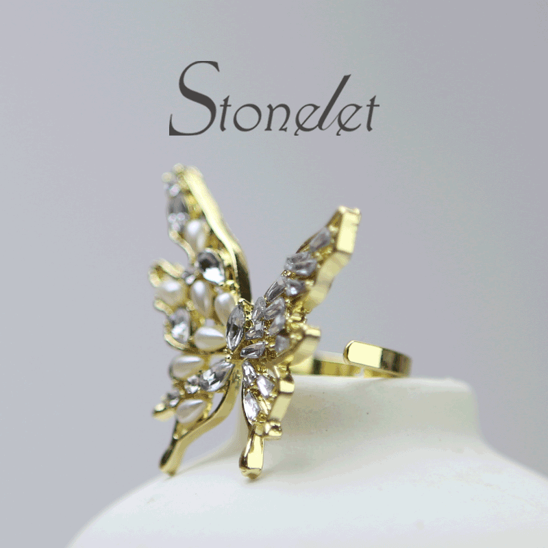 Stonelet Butterfly Pearl Zircon Ring Adjustable 3D Elegant Dainty Sparkling Princess Chic Date Party Gift Accessory