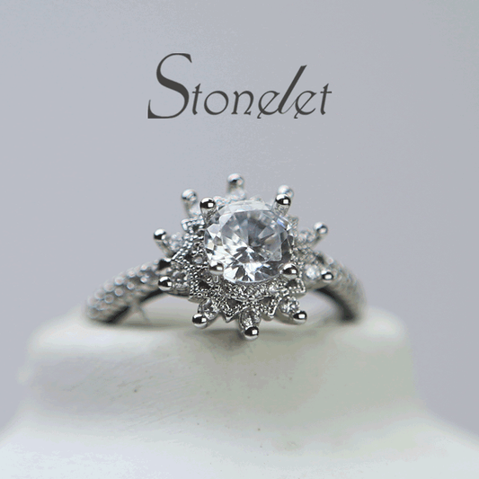 Stonelet Floral Simulated Diamond Ring 0.8ct Adjustable Fairytale Sparkling Romantic Elegant Wedding Ceremony Prop