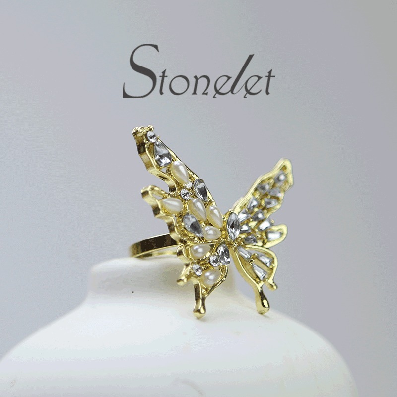 Stonelet Butterfly Pearl Zircon Ring Adjustable 3D Elegant Dainty Sparkling Princess Chic Date Party Gift Accessory