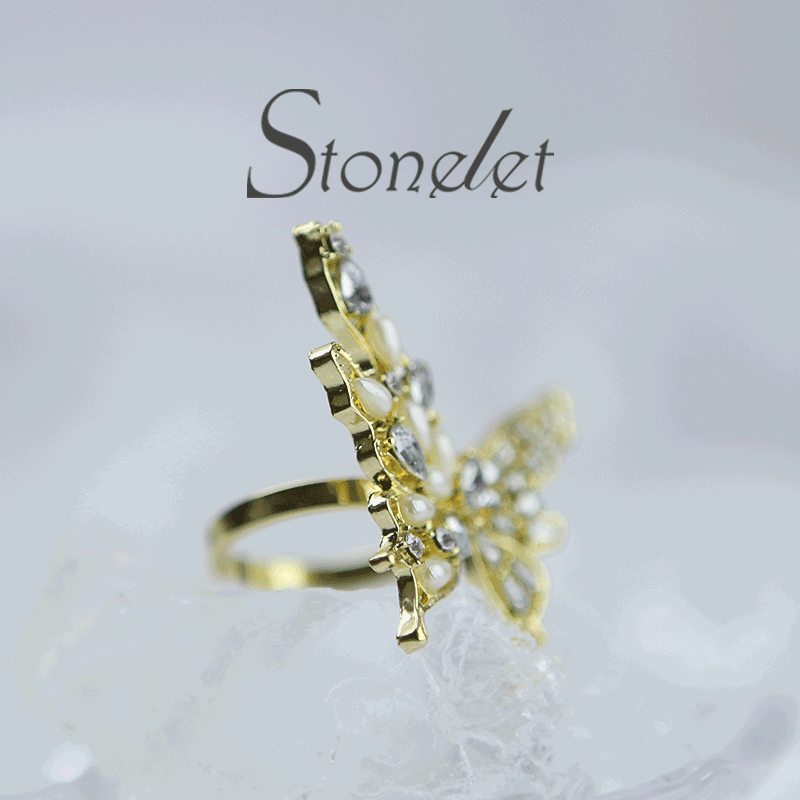 Stonelet Butterfly Pearl Zircon Ring Adjustable 3D Elegant Dainty Sparkling Princess Chic Date Party Gift Accessory